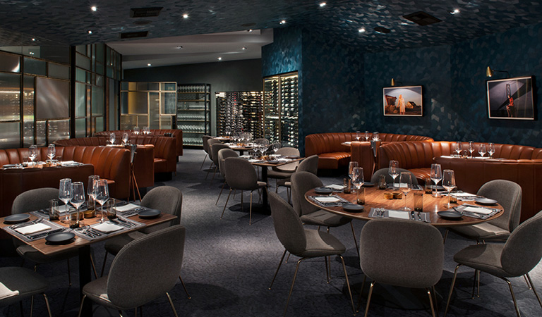Dining area inside Nick + Stef's Steakhouse in Los Angeles
