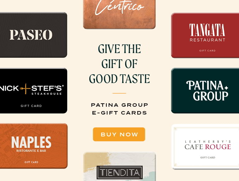Patina Group e-gift cards promotion with a ‘Buy Now’ call to action.